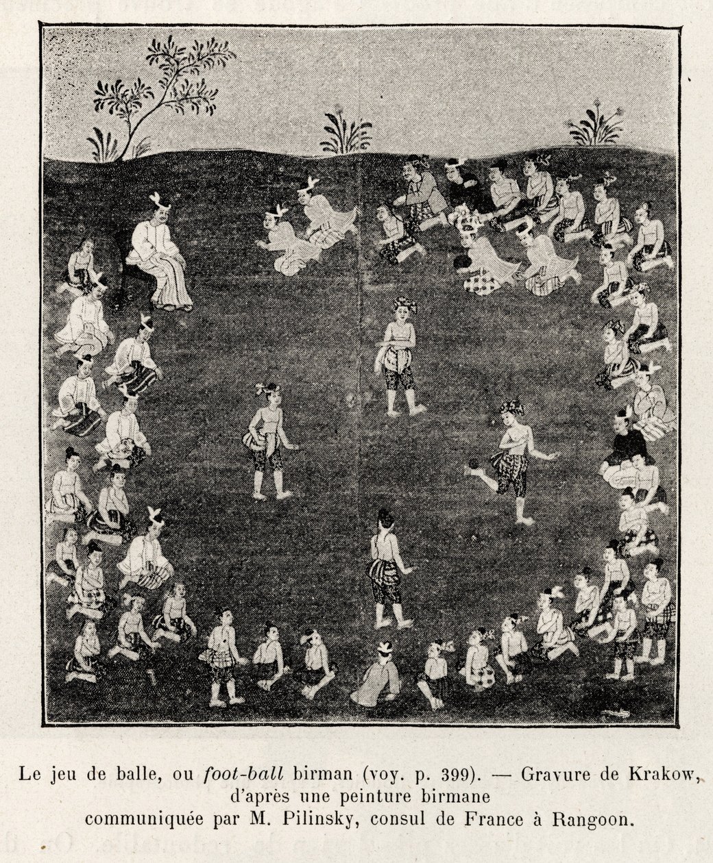 Burmesischer Fußball oder Ballspiel. Gravur von Krakow zur Illustration der Geschichte „Fünfzehn Tage in Burma“, von E.Cavaglion, 1886, in Le tour du Monde 1892, herausgegeben von Edouard Charton (1807-1891), Hachette, Paris. von Unknown artist