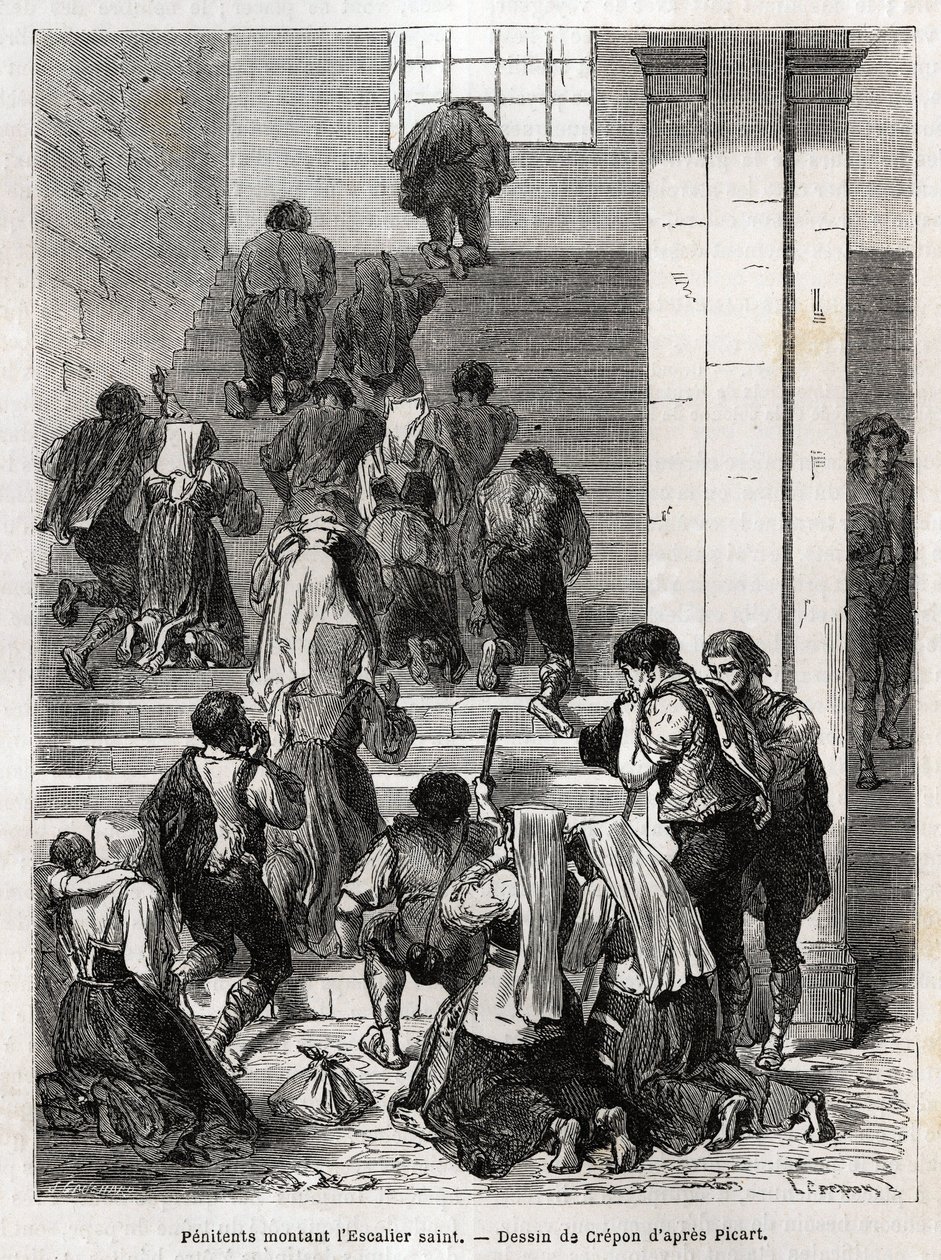 Katholische Büßer steigen die heilige Treppe in Rom hinauf. Gravur zur Illustration der Geschichte von Ludovic Celler; die Karwoche in Rom von Unknown artist