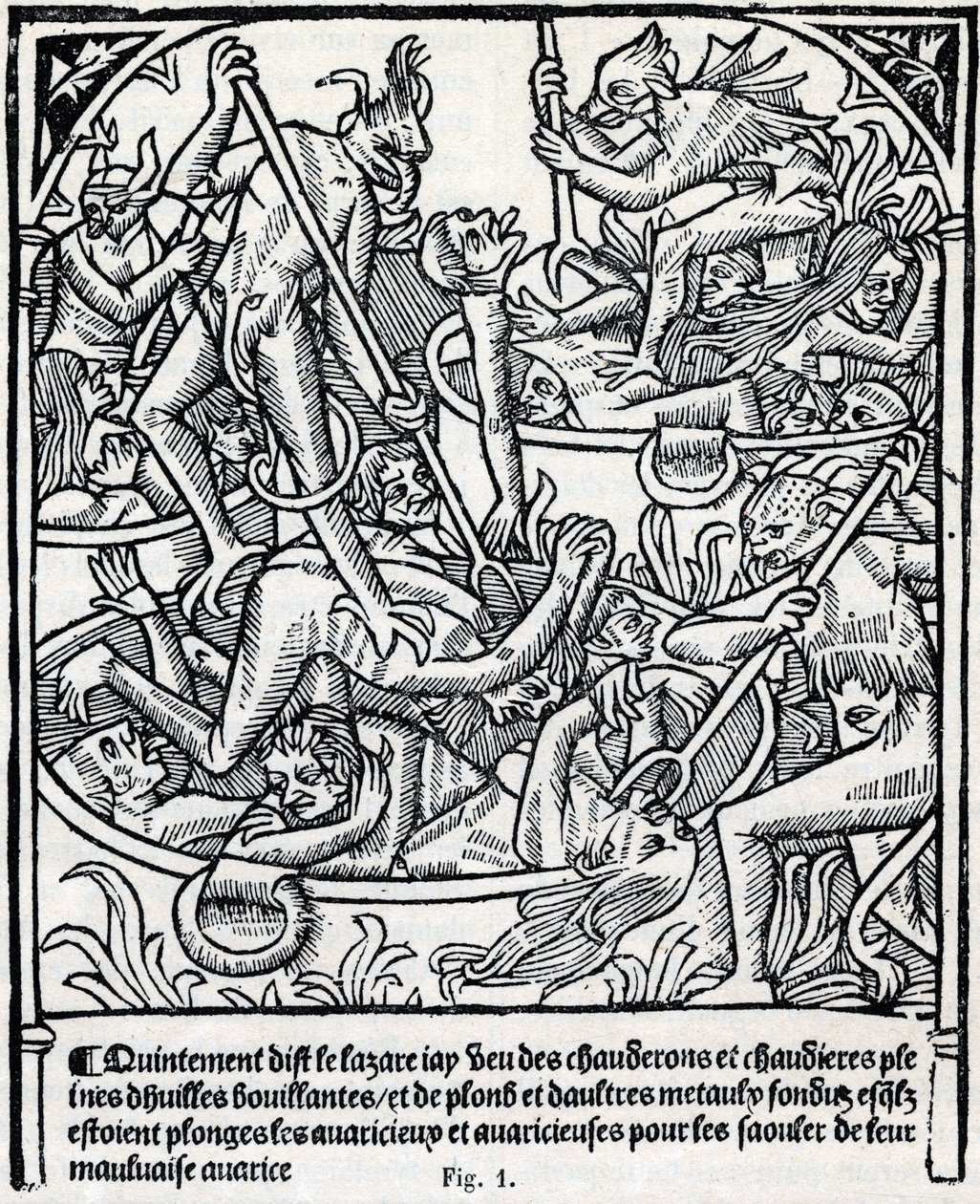 Kessel voller kochendem Öl und Blei, in die Teufel die Gierigen tauchen, um sie mit ihrer schlechten Gier betrunken zu machen. Beschreibung von Lazarus der Hölle. Faksimile des „Calendrier des Bergers“ prophetischer Almanach, gedruckt von Claude Nourry im  von Unknown artist