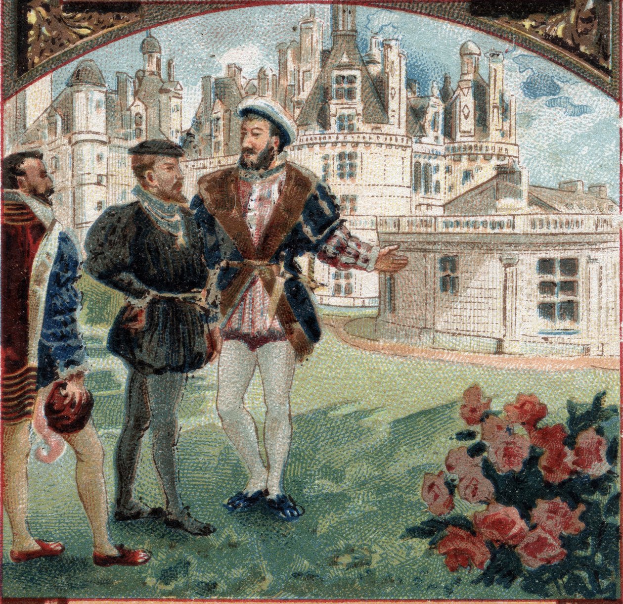Karl V. wird von Franz I. im Schloss von Chambord empfangen. Chromolithographie aus dem späten 19. Jahrhundert. von Unknown artist