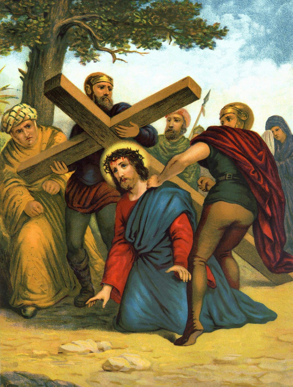 Chromolithographie des späten 19. Jahrhunderts, die das Leben Christi darstellt: Jesus fällt zum ersten Mal unter dem Kreuz von Unknown artist