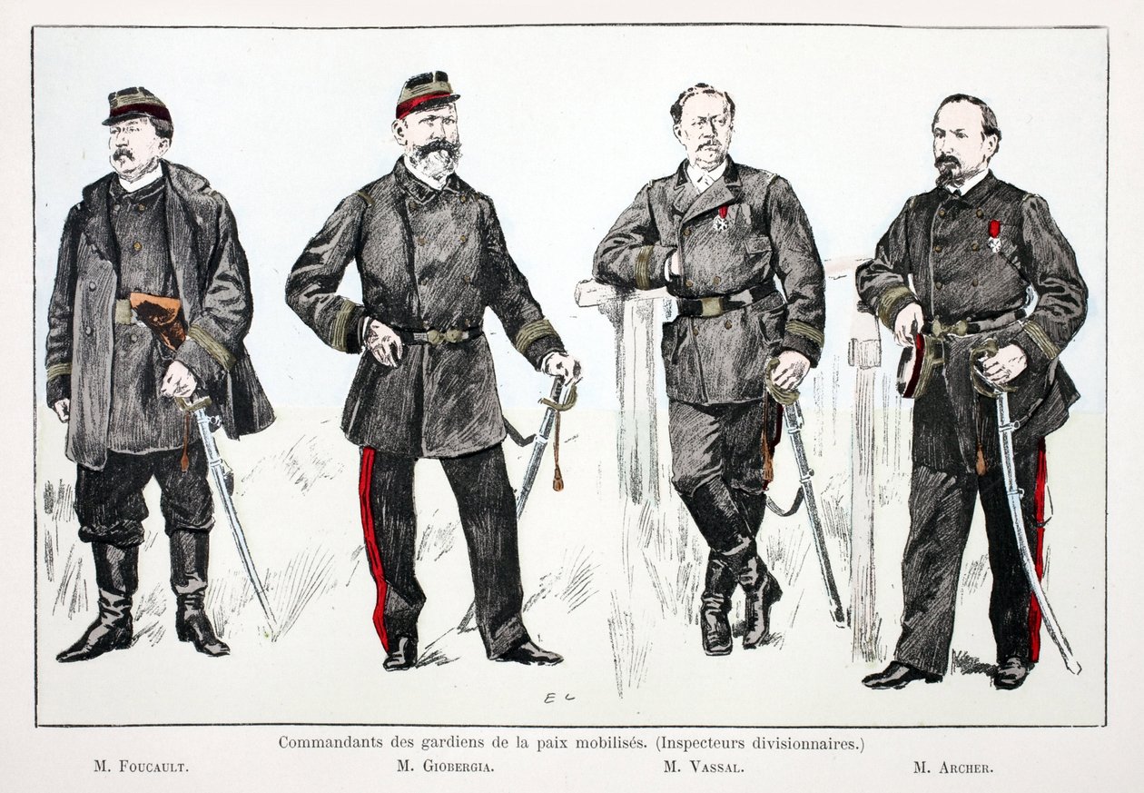 Kommandeure der mobilisierten Friedenswächter (Divisionsinspektoren), von links nach rechts: Herr Foucault, Herr Giobergia, Herr Vassal, Herr Archer. Farbradierung zur Illustration „Histoire du corps des gardiens de la paix“, Buch veröffentlicht unter der  von Unknown artist