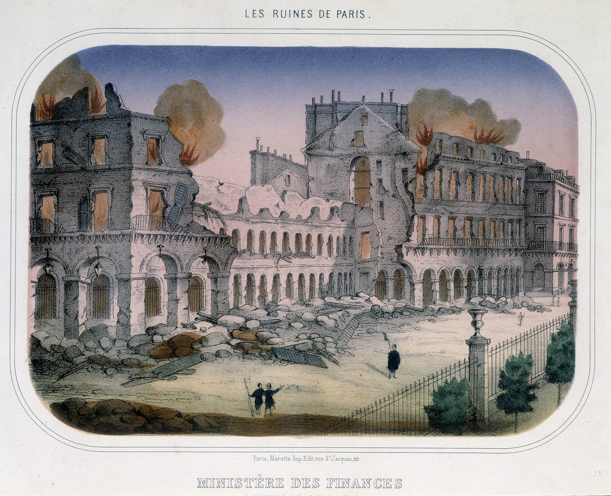 Kommune von Paris: Brand im Finanzministerium (zur Zeit der Tuilerien) am 24. Mai 1871. Gravur des 19. Jahrhunderts von Unknown artist