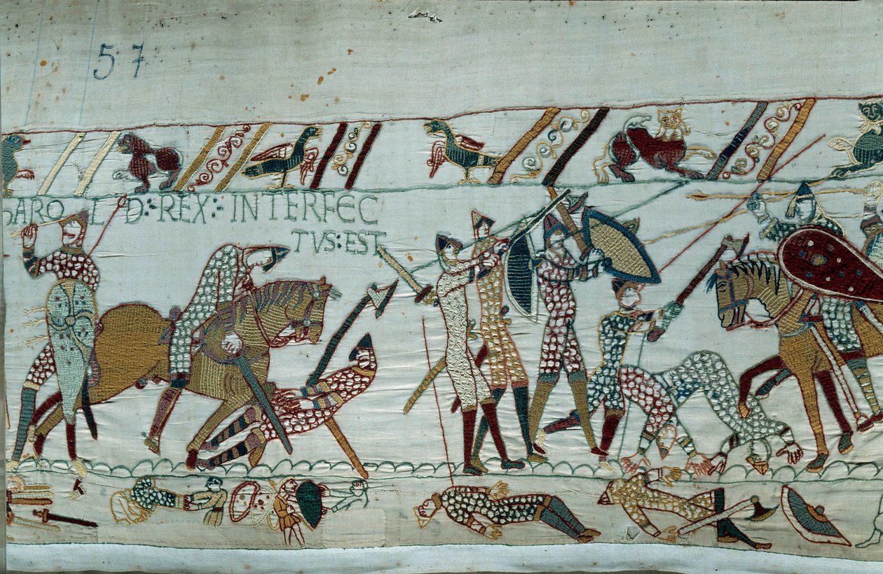 Eroberung Englands durch den Herzog der Normandie Wilhelm den Eroberer (1027-1087) im Jahr 1066: Der Tod von König Harold II. durch einen Pfeil ins Auge in der Schlacht von Hastings (Detail des Teppichs von Bayeux oder der Stickerei von Königin Mathilde) von Unknown artist