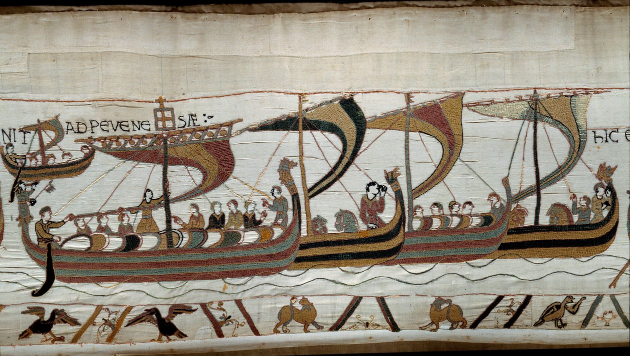 Eroberung Englands durch den normannischen Herzog Wilhelm den Eroberer (1027-1087) im Jahr 1066: Die normannische Flotte nähert sich der englischen Küste bei Pevensey (Detail) von Unknown artist