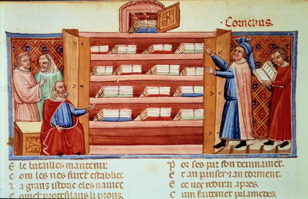 Cornelius Nepos, römischer Biograph, entdeckt in einem Schrank die Geschichte von Troja von Dares dem Phrygier. Miniatur in 
