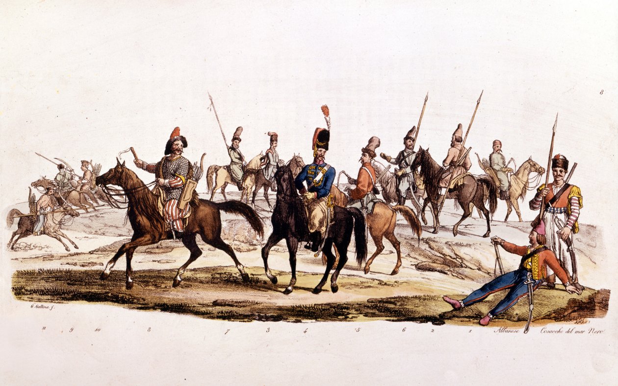 Kosaken: 1. 2. Kosaken 3. Don-Kosake 4. Offizieller Don-Kosake 5. Cossack Chernomowskij 6. Ural-Kosake 7. Regulärer Kosake 8. Baschkir 9. und 10. Kalmouk von Unknown artist