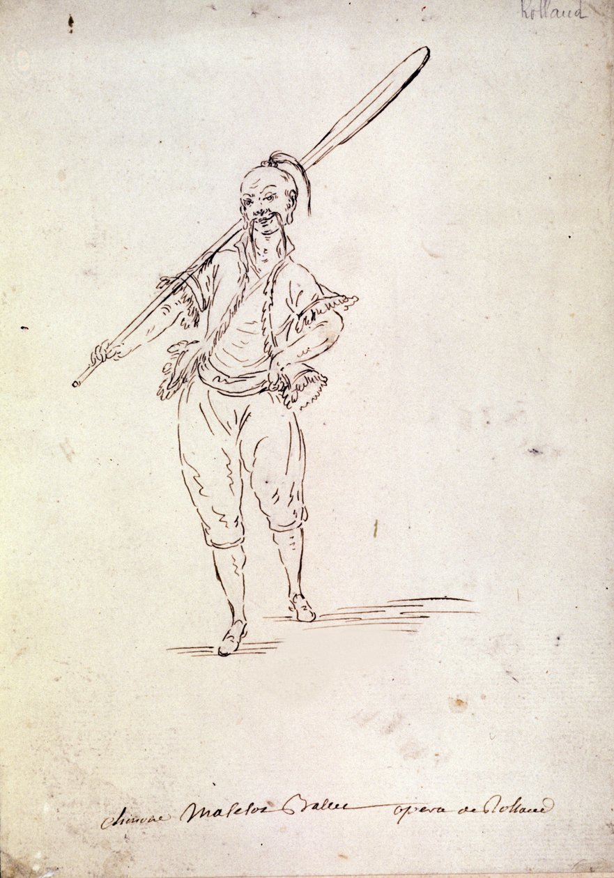 Kostüm für die Figur des Roland in der gleichnamigen Oper von Komponist Niccolo Vito Piccinni nach einem Libretto von Jean Francois Marmontel (1778). Zeichnung aus dem späten 18. Jahrhundert von Unknown artist