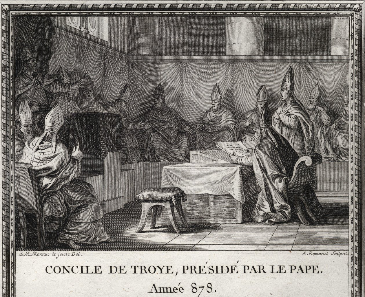 Rat von Troye am 7. September 878. Im Mai 878, Papst Johannes VIII., bedroht von Sarazenen und italienischen Adligen, suchte Zuflucht in Arles unter Herzog Boson und seiner Frau Ermengarde. Er begleitet ihn nach Troyes, wo ein großer Rat organisiert wird. von Unknown artist