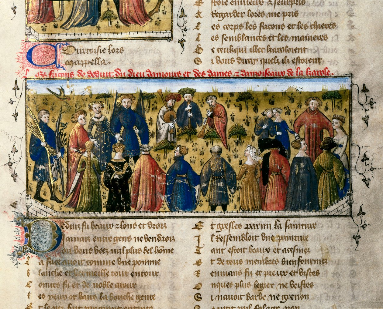 Hofunterhaltungen: Tänze und Spiele. Die Szene spielt in Anwesenheit der Götter der Liebe, Schönheit, Lieferung, Franchise, Höflichkeit und Jugend. Miniatur aus "Der Roman der Rose". 14. Jahrhundert Valencia. Universitätsbibliothek. von Unknown artist