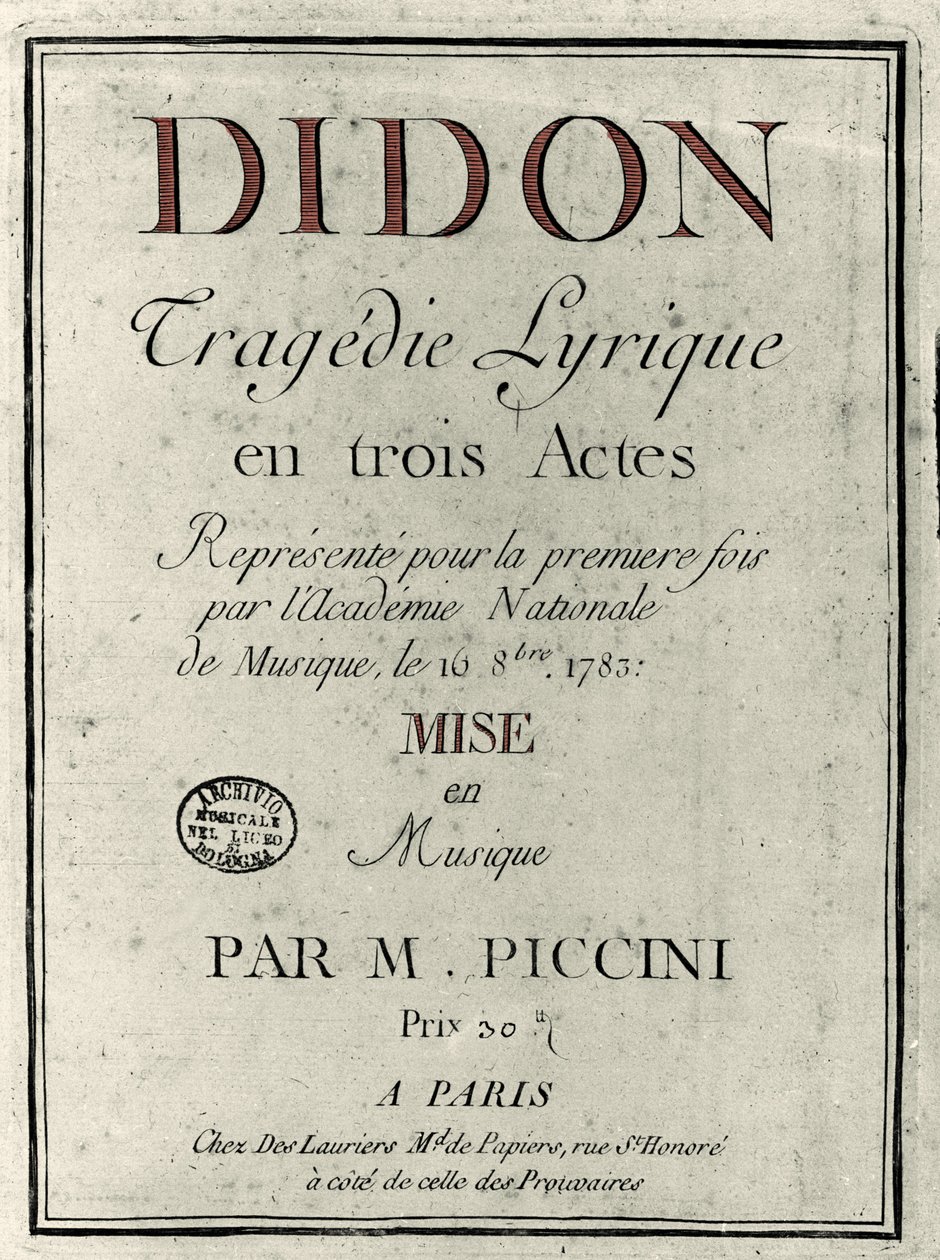Titelblatt des Librettos der Oper „Didon“ von Komponist Niccolò Vito Piccinni (1728-1800). 1783 von Unknown artist