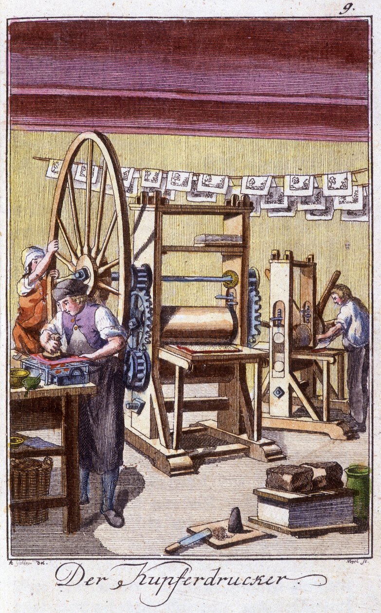 Handwerk: der Kupferstecher in seiner Werkstatt. In „Umfassende Beschreibung der Künste und Handwerke und Werkstätten für junge Leute“ von Johan Peter Vire. Hrsg. Nürnberg, Weigel und Schneider von Unknown artist
