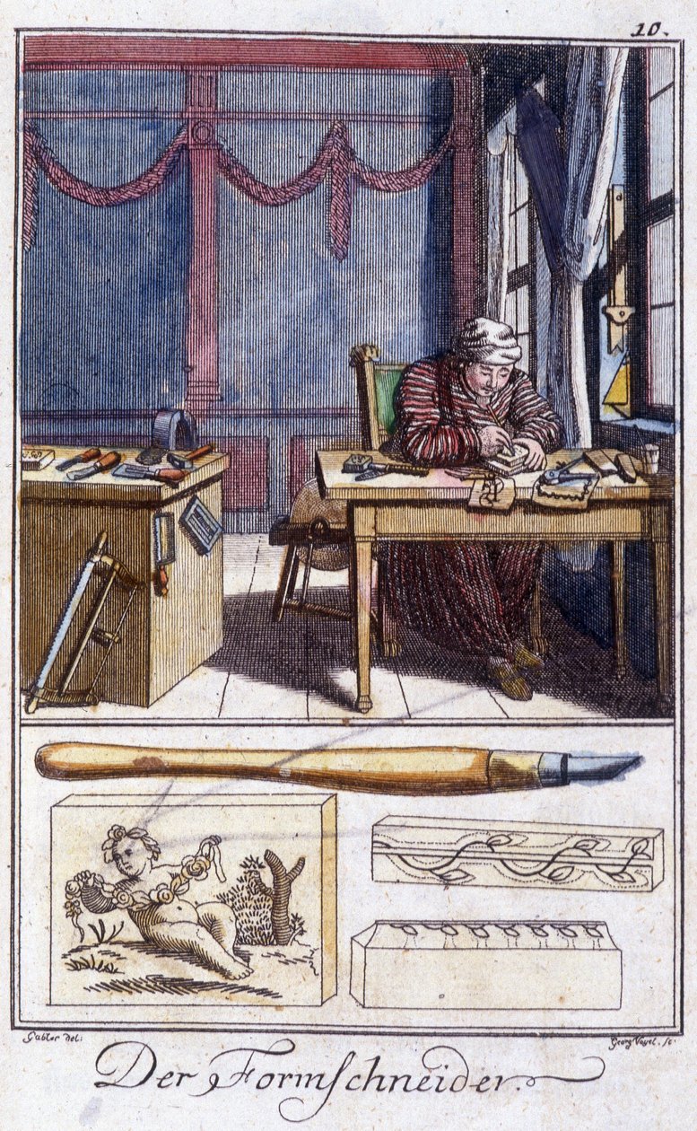 Handwerk: der Holzgraveur (und seine Arbeitswerkzeuge) in seiner Werkstatt. In „Umfassende Beschreibung der Künste und Handwerke und Werkstätten für junge Leute“ von Johan Peter Vue. Ed. Nürnberg, Weigel und Schneider von Unknown artist