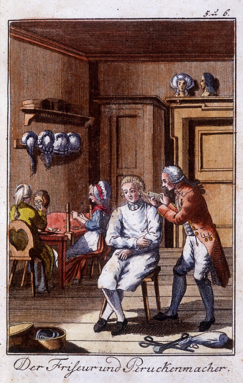 Handwerk: Friseur und Perückenmacher in ihrer Werkstatt. In „Umfassende Beschreibung der Künste und Handwerke und Werkstätten für junge Leute“ von Johan Peter Vue. Hrsg. Nürnberg, Weigel und Schneider von Unknown artist