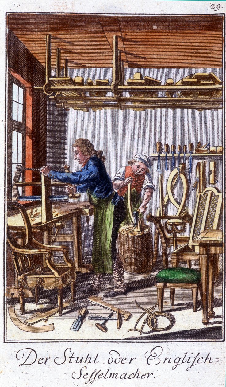 Handwerk: der Stuhlhersteller in seiner Werkstatt. In „Umfassende Beschreibung der Künste und Handwerke und Werkstätten für junge Leute“ von Johan Peter Vue. Ed. Nürnberg, Weigel und Schneider von Unknown artist