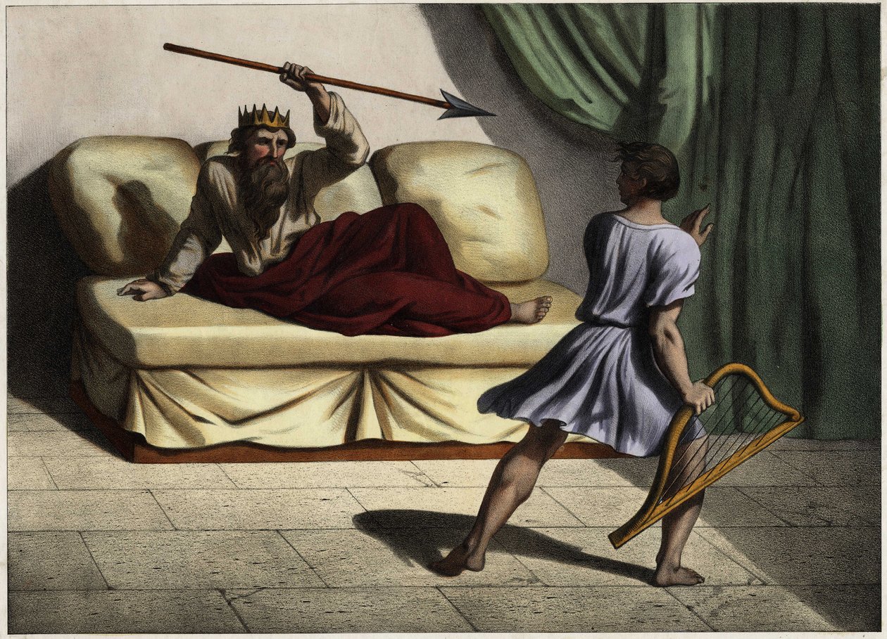 David spielt die Zither vor König Saul, um ihn zu beruhigen. Anonyme Gravur aus der Mitte des 19. Jahrhunderts von Unknown artist