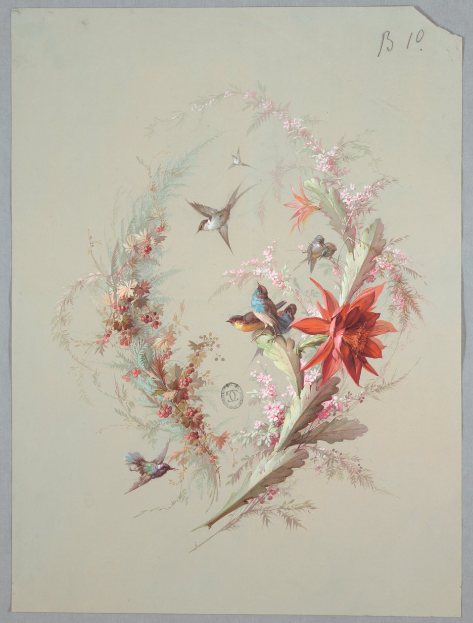 Entwurf für Tapeten und Textilien: Blumen und Vögel von Unknown artist