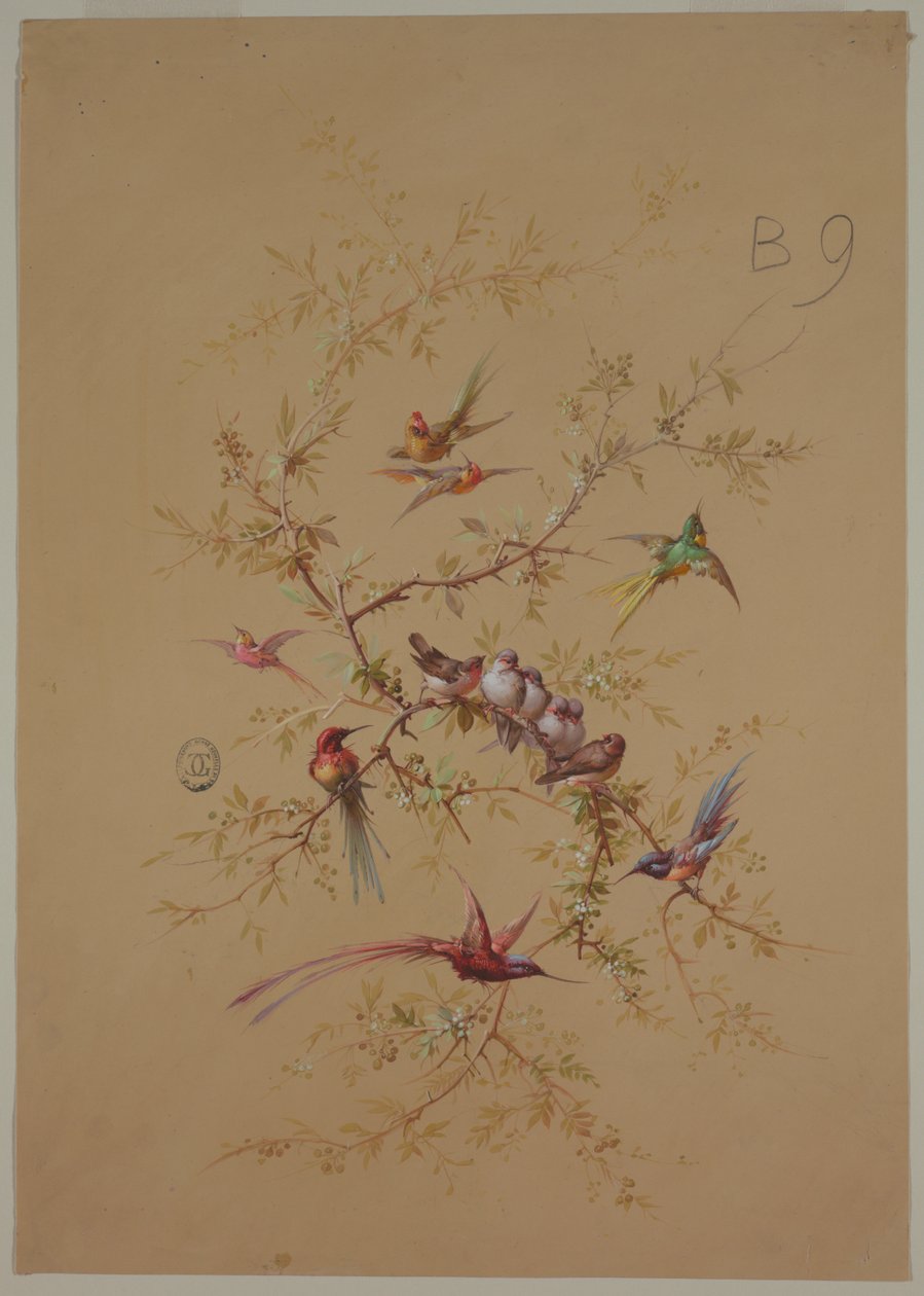 Entwurf für Tapete und Textilien: Blumen und Vögel von Unknown artist