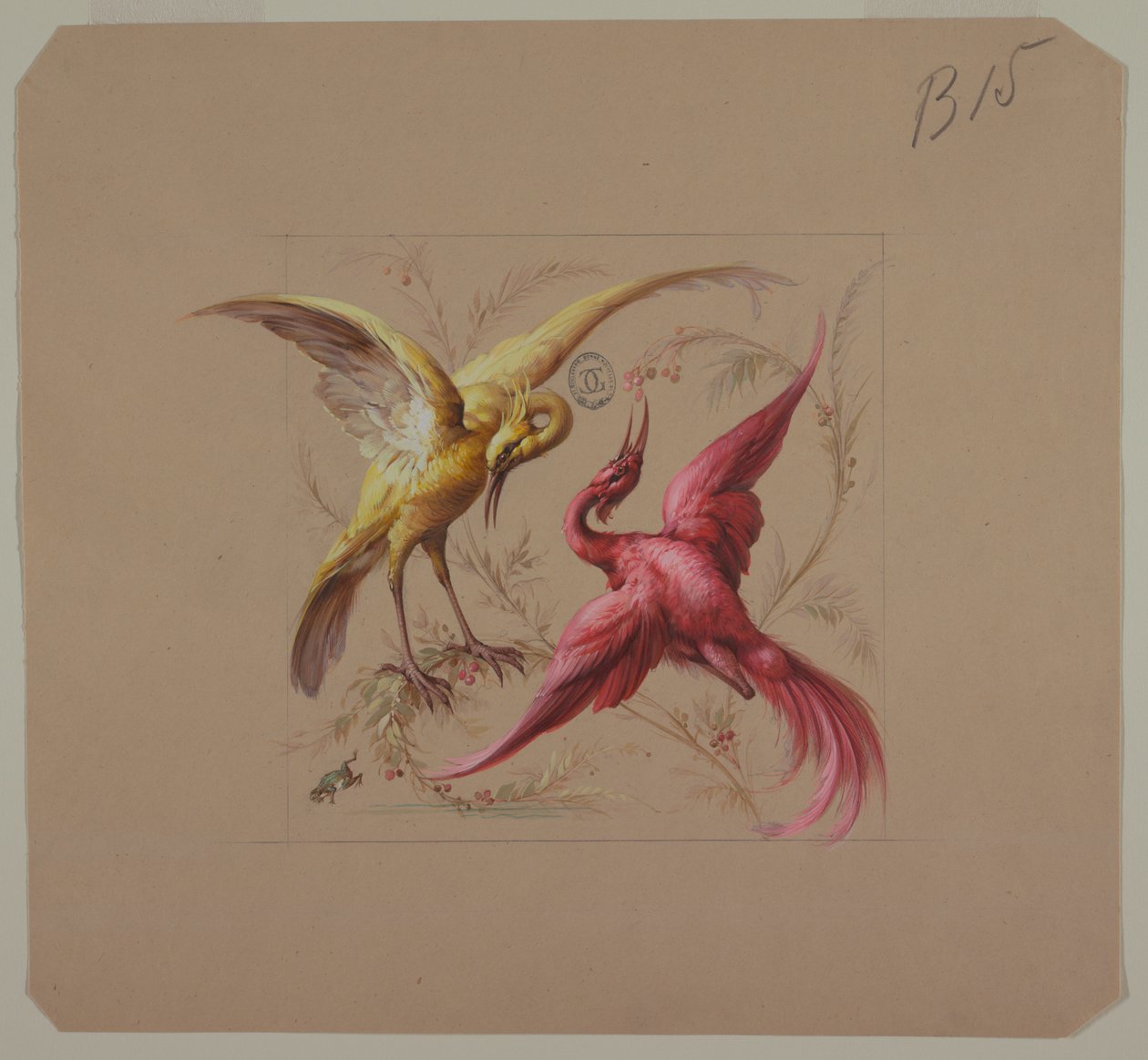 Entwurf für Tapeten und Textilien: Blumen und Vögel von Unknown artist
