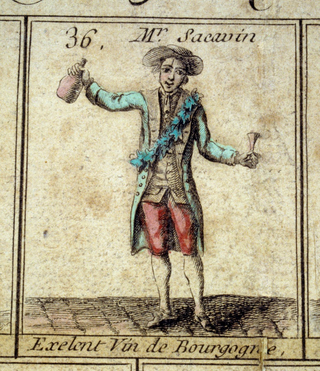 Detail des Spiels der Gans von Paris: Herr Sacavin, Weintrinker aus Burgund. Gravur des 18. Jahrhunderts von Unknown artist