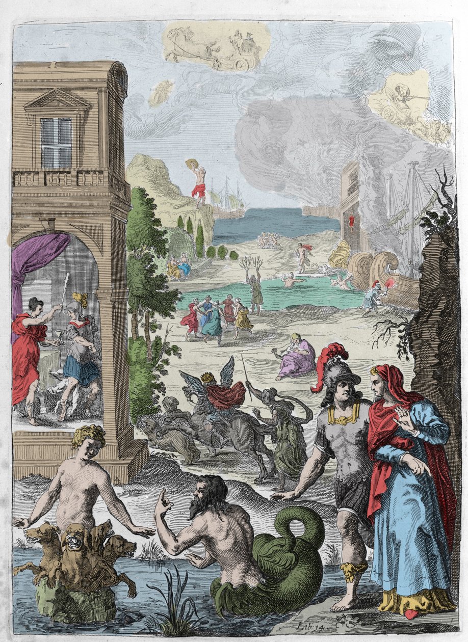 Verschiedene Metamorphosen, im Vordergrund Scylla und der Meeresgott Glaukos, der in sie verliebt ist, im Hintergrund der gehängte Iphis, abgelehnt von Anaxarete. Illustration aus Buch XIV der „Metamorphosen“ (Metamorfosi) von Ovid (43 v. Chr.-17 n. Chr.). von Unknown artist