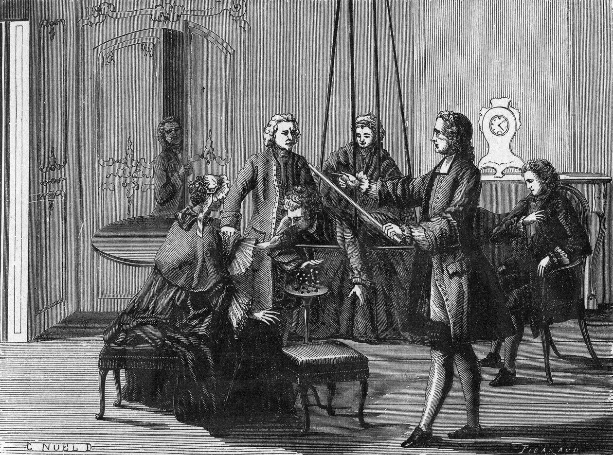 Dufay-Experiment. Charles François Du Fay (1698 - 1739), französischer Chemiker und Physiker. Gravur aus dem Wissenschaftsalbum, Frankreich, 19. Jahrhundert. von Unknown artist