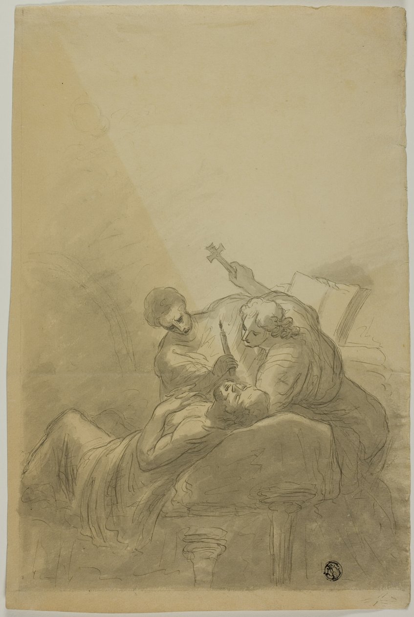 Sterbender Mann, begleitet von zwei Figuren mit Kerze, Buch und Kreuz von Unknown artist