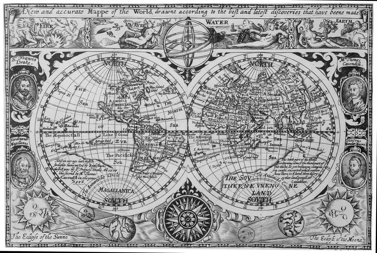 Frühe Weltkarte des 17. Jahrhunderts, nach Mercator, mit Porträts von Entdeckern (Drake, Magellan, Thomas Cavendish und Oliver van der Nort), den Elementen und Finsternissen von Unknown artist