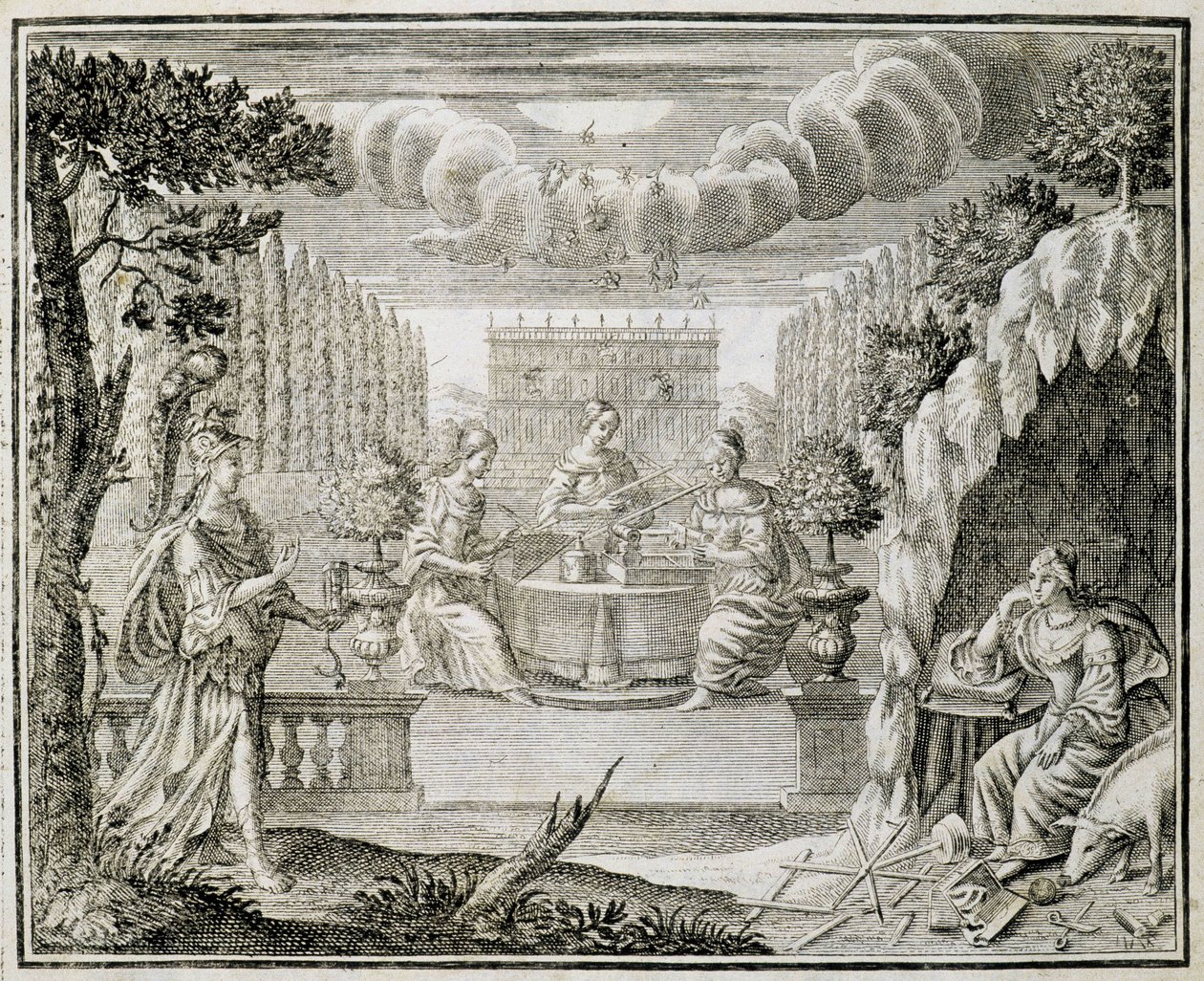 Gravur, die Frauen zeigt, die an einem Webstuhl arbeiten. Frühes 18. Jahrhundert von Unknown artist
