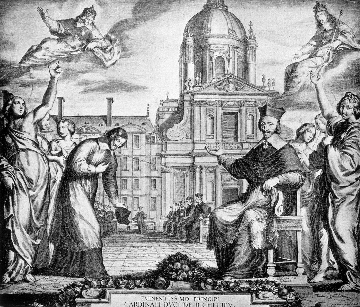 Gravur zu Ehren von Kardinal Richelieu für die Wiederherstellung der Sorbonne in Paris, beauftragt von Lemercier, abgeschlossen 1642. von Unknown artist