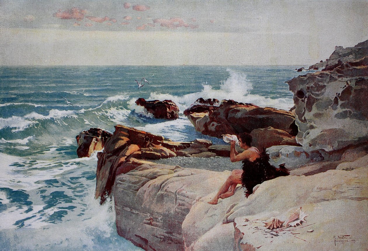 Abend am Meer, Junger Mann mit großer Muschel am Ufer sitzend von Unknown artist