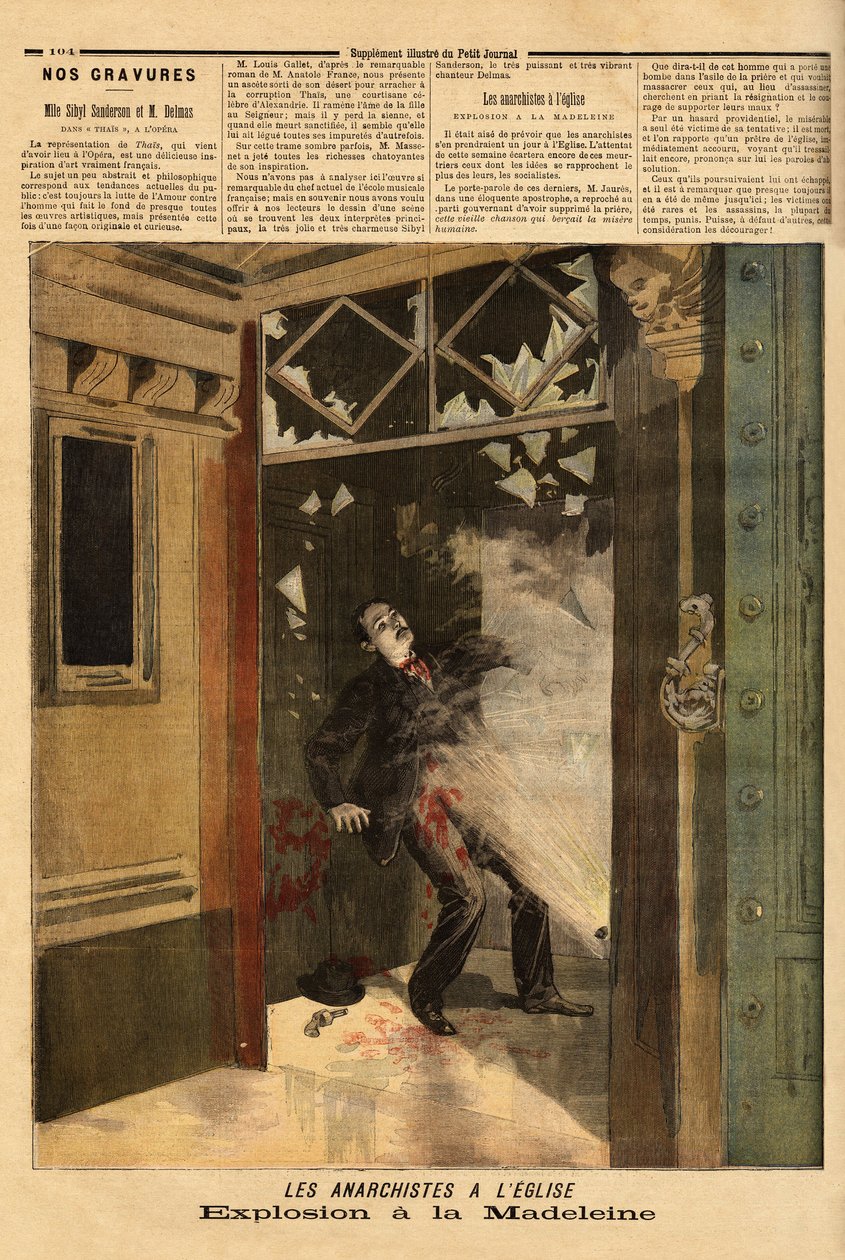 Explosion in der Kirche La Madeleine in Paris, der anarchistische Verbrecher, das einzige Opfer, erleidet die Folgen seiner eigenen Bombe. Gravur in „Le petit journal“ 26/03/1894. Sammlung Selva. von Unknown artist