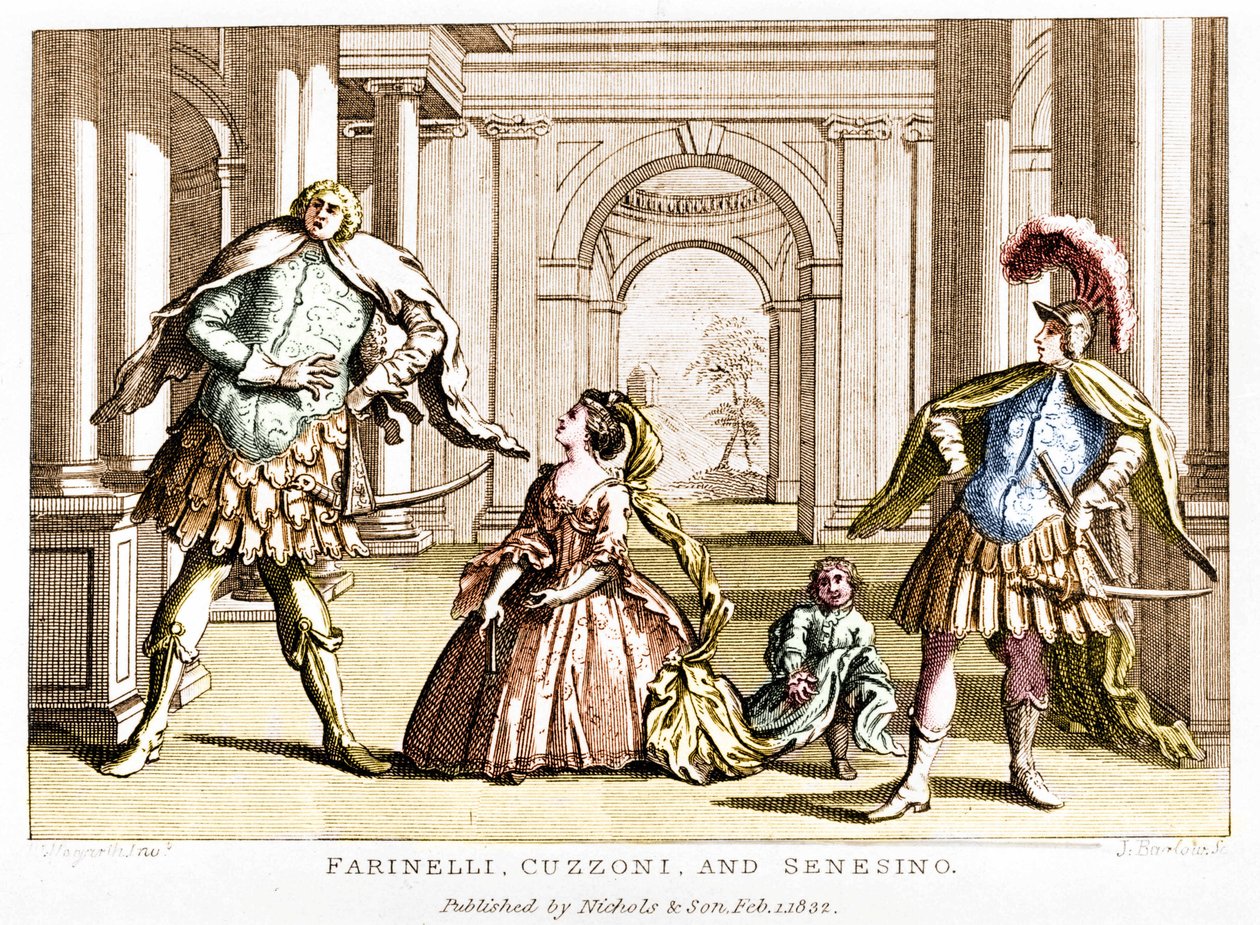 Farinelli (Carlo Broschi, genannt; 1705 - 1782) mit der Sopranistin Cuzzoni und dem Kastraten Francesco Bernardo Senesino (1680 - 1750) in der Oper von Georg Friedrich Händel von Unknown artist