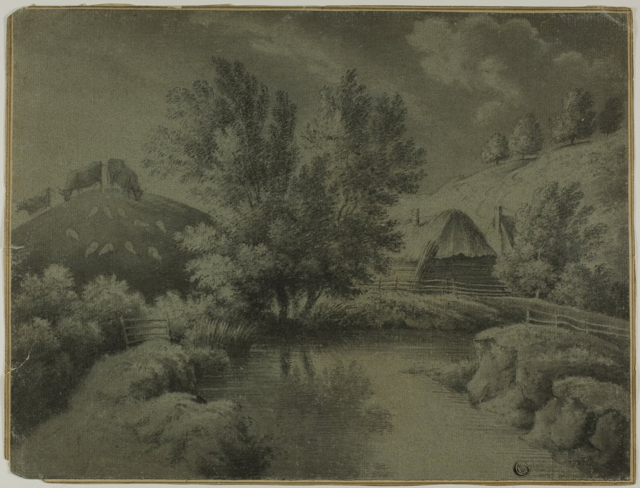 Bauernhof mit Teich im Vordergrund, Kühe weiden auf dem Hügel von Unknown artist