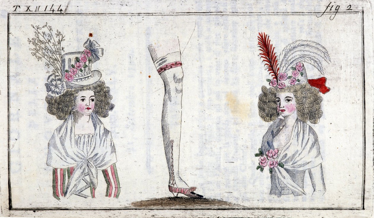 Mode des 18. Jahrhunderts: Frisur und Strumpfband der Frauen um 1788 von Unknown artist