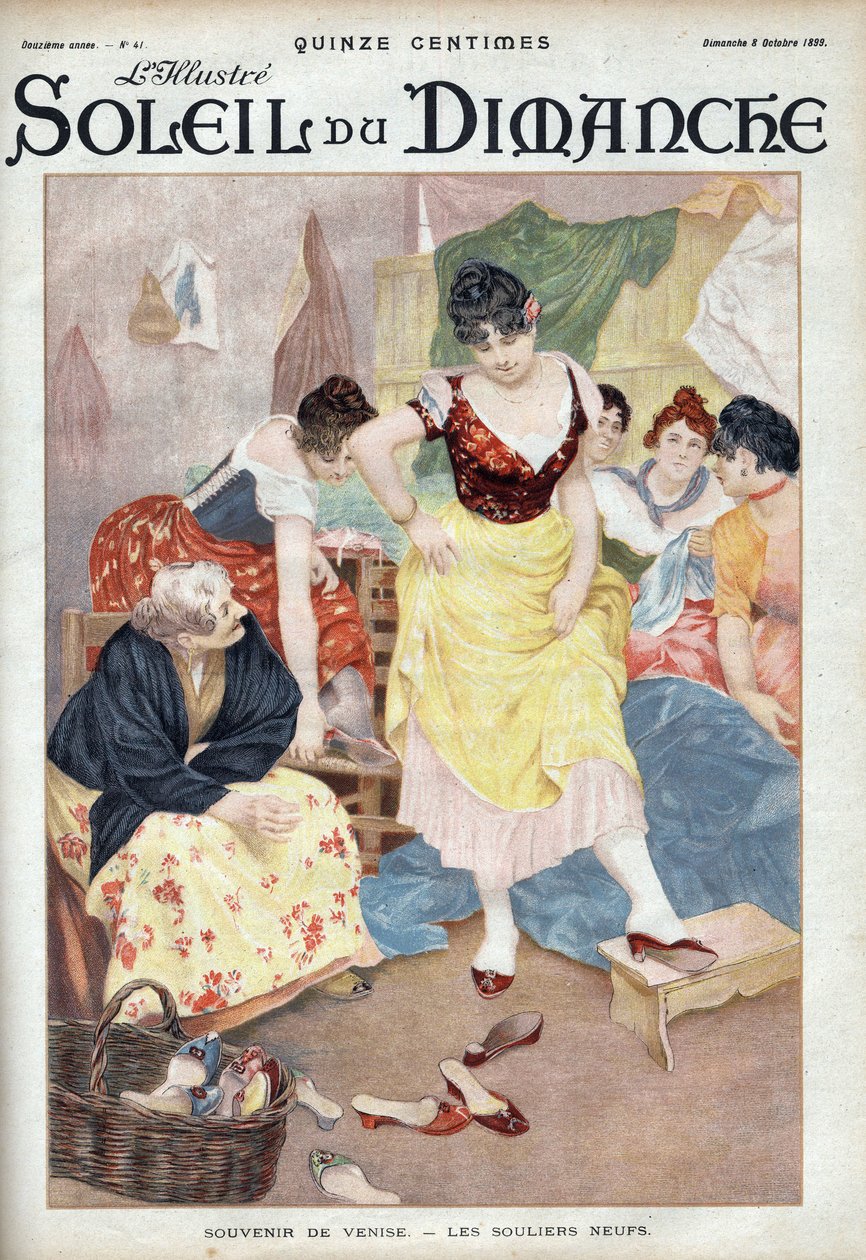 Mode Ende des 19. Jahrhunderts: neue Schuhe aus Venedig. Frauen probieren Schuhe aus der italienischen Stadt. Gravur in „Le soleil-du-dimanche“, 8. Oktober von Unknown artist