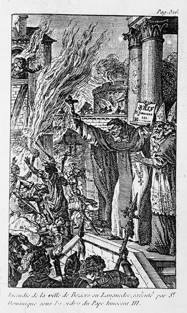 Brand der Stadt Béziers in Languedoc, ausgeführt von Saint Dominica unter den Befehlen von Papst Innozenz III. in „Die Verbrechen der Religion“ von Unknown artist