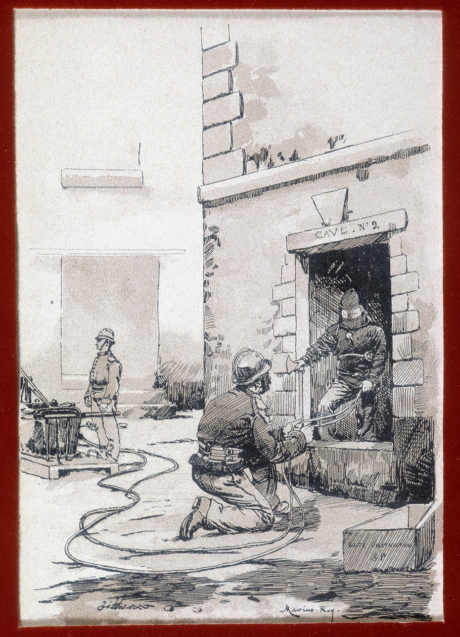 Feuerwehrleute: Feuerlöschgerät aus Kellern. Gravur 19. Jahrhundert von Unknown artist
