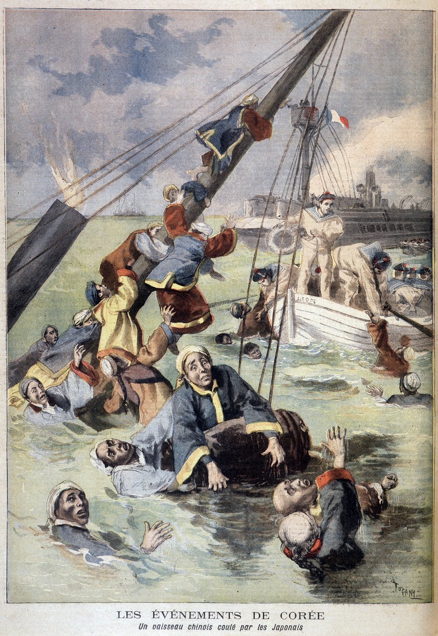Erster Chinesisch-Japanischer Krieg - Ereignisse in Korea: Ein chinesisches Schiff wird von den Japanern versenkt. Illustration in "Le Petit Journal" vom August 1894 von Unknown artist