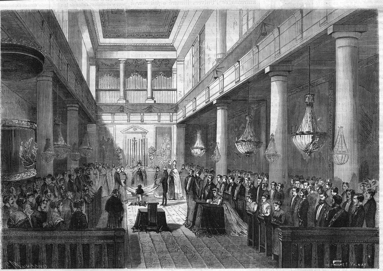 Erstkommunion des kaiserlichen Prinzen Napoleon Eugène Louis Jean Joseph Bonaparte (1856-1879), Sohn von Napoleon III., in der Kapelle der Tuilerien in Paris. Gravur in „The Illustrious Universe“ von Unknown artist