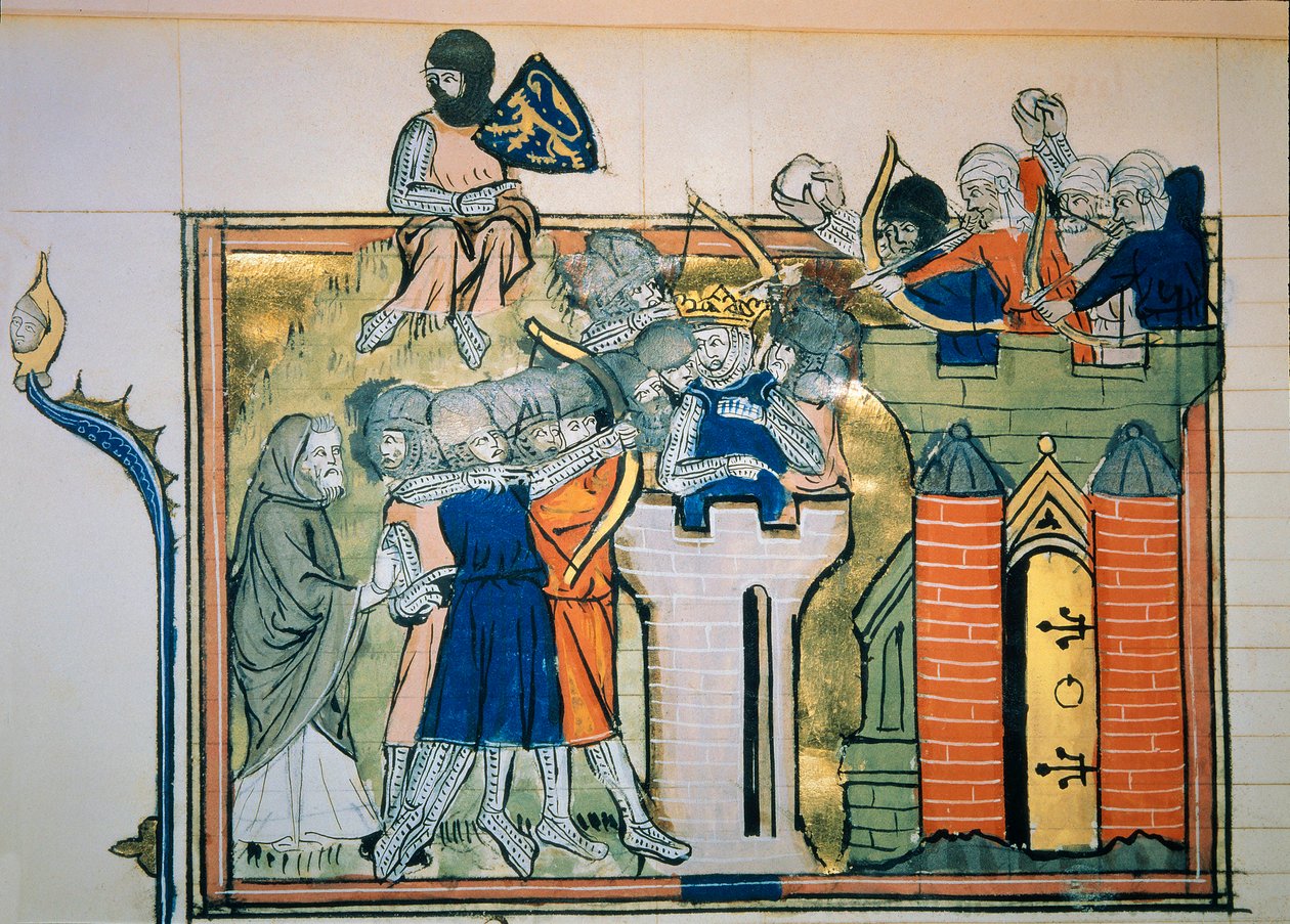 Erster Kreuzzug: Godefroi (oder Godefroy) von Bouillon (1058-1100) in einem runden Turm griff Jerusalem 1099 an. Miniatur aus „Roman De Godefroy De Bouillon et de Saladin“ von Unknown artist