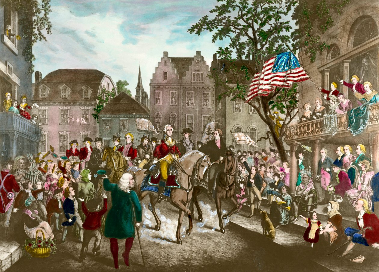 Erster Amerikanischer Unabhängigkeitskrieg: George Washingtons triumphaler Einzug in New York nach der Niederlage der Engländer von Unknown artist