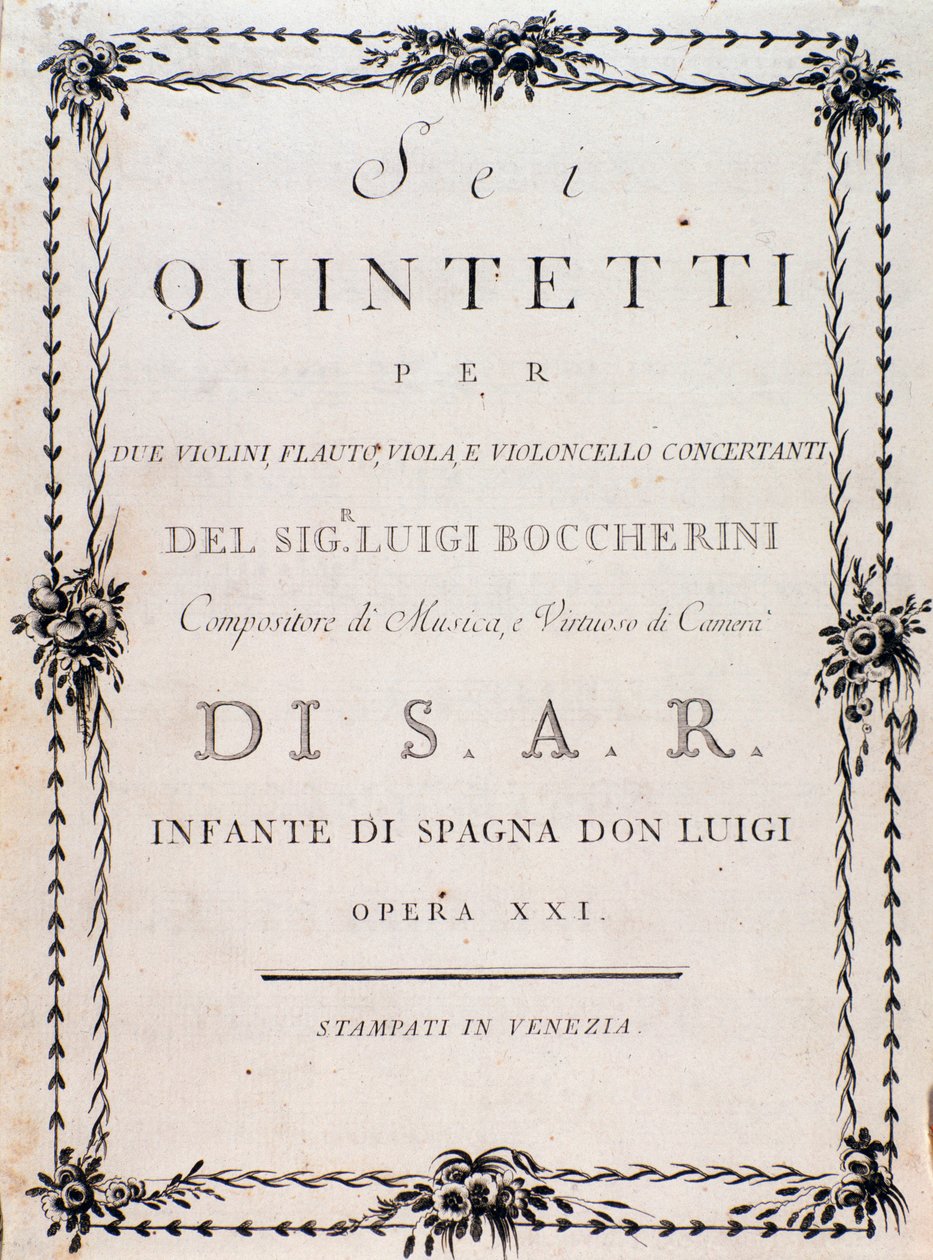 Erste Seite der Partitur von „Sei quintetti per due violini flauto viola e violoncello“ von Luigi Boccherini von Unknown artist