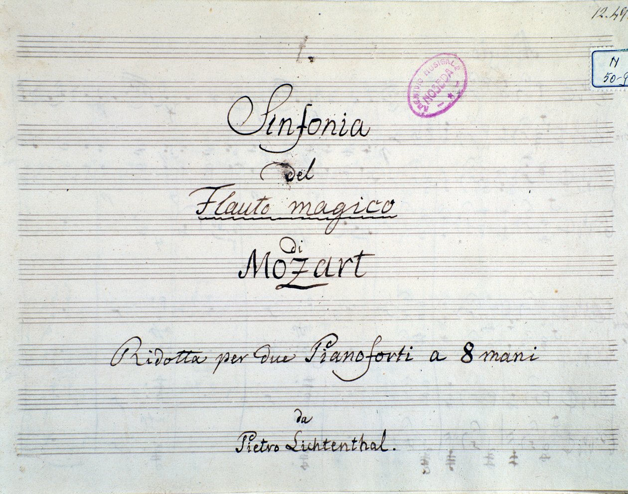 Erste Seite der Symphoniepartitur reduziert auf zwei Klaviere und acht Hände von Die Zauberflöte, Oper von Mozart, Lichtenthal-Version (19. Jahrhundert) von Unknown artist