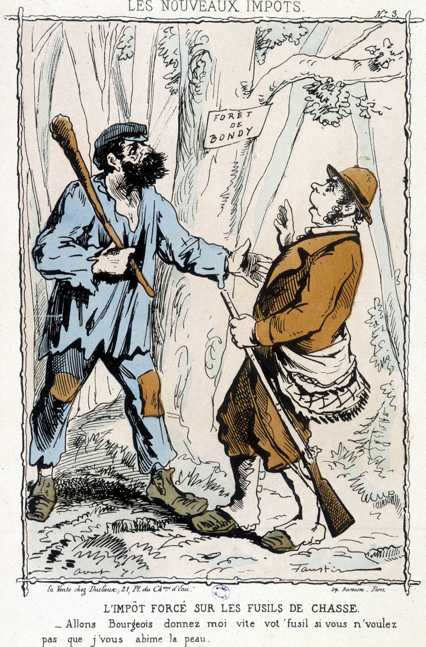 Erzwungene Steuer auf Schrotflinten: „Los, Bürger, gib mir schnell dein Gewehr, wenn du nicht willst, dass ich deine Haut ruiniere“ - Karikatur über die „neuen Steuern“ von Unknown artist