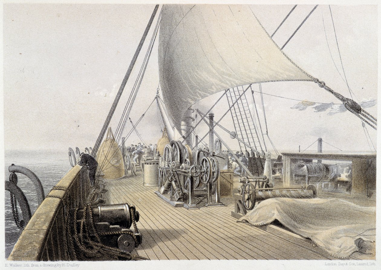 Vorderdeck freigeräumt für den letzten Versuch des Greifens, 11. August 1858 - in „Das Atlantikkabel“ von W. H. Russel, ca. 1860 von Unknown artist
