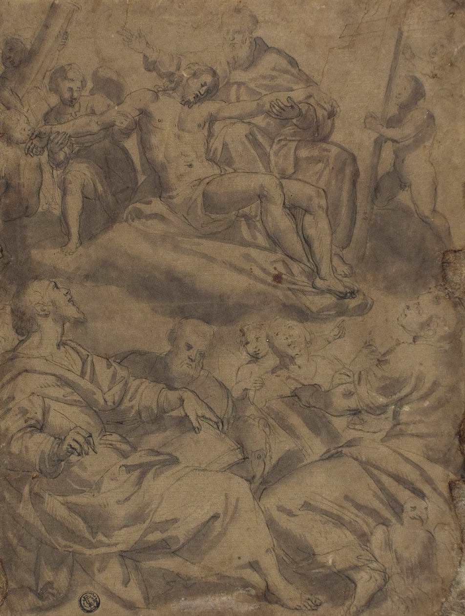 Vier Evangelisten und die Vision Gottes, der den toten Christus mit den Leidenswerkzeugen hält von Unknown artist