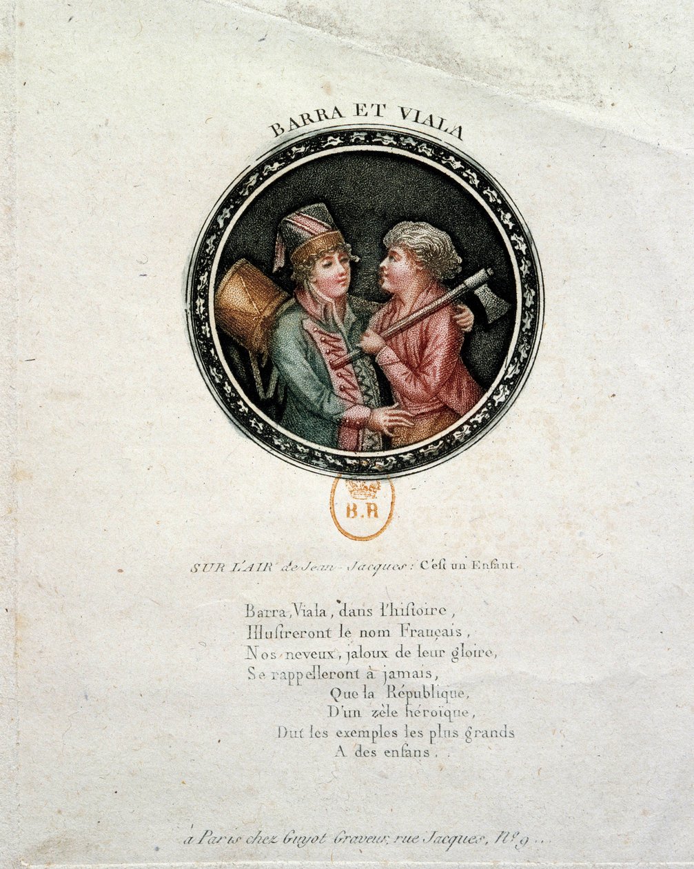 Französische Revolution: Darstellung von Barra und Viala. Joseph Agricol Viala (1780-1793) und Joseph Bara (1780-1793), Heldenkinder der Französischen Revolution, die jeweils in Marseille und in der Vendée für die Republik kämpften. Gravur aus dem 18. Jahr von Unknown artist