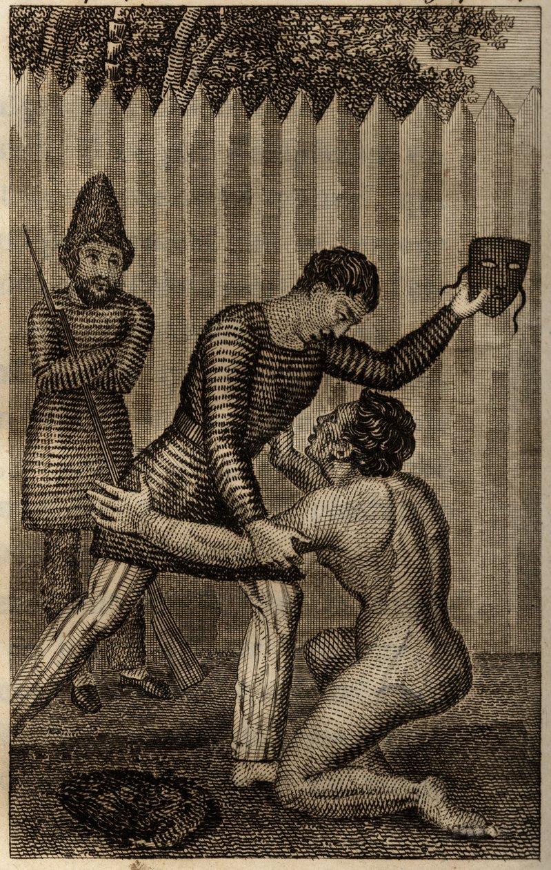 Freitag wird in die Arme von Robinson Crusoe geworfen, Gravur eingefügt in „Les aventures de Robinson Crusoe“ von Daniel Defoe von Unknown artist