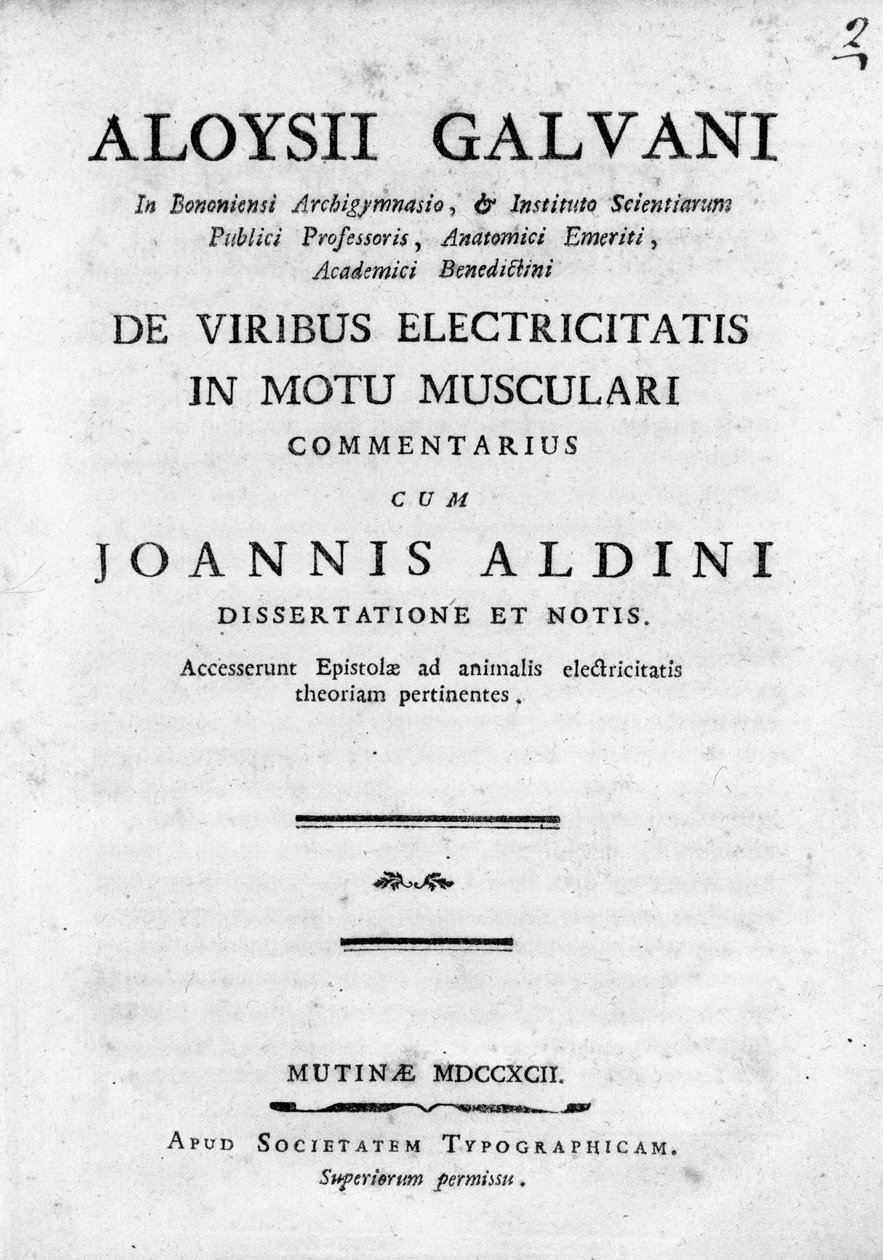 Frontispiz von „De Viribus Electricitatis in Motu Musculari Commentarius“. Eine Abhandlung über die Zirkulation von Elektrizität in den Muskeln von Tieren, von Luigi Galvani, italienischer Physiker von Unknown artist